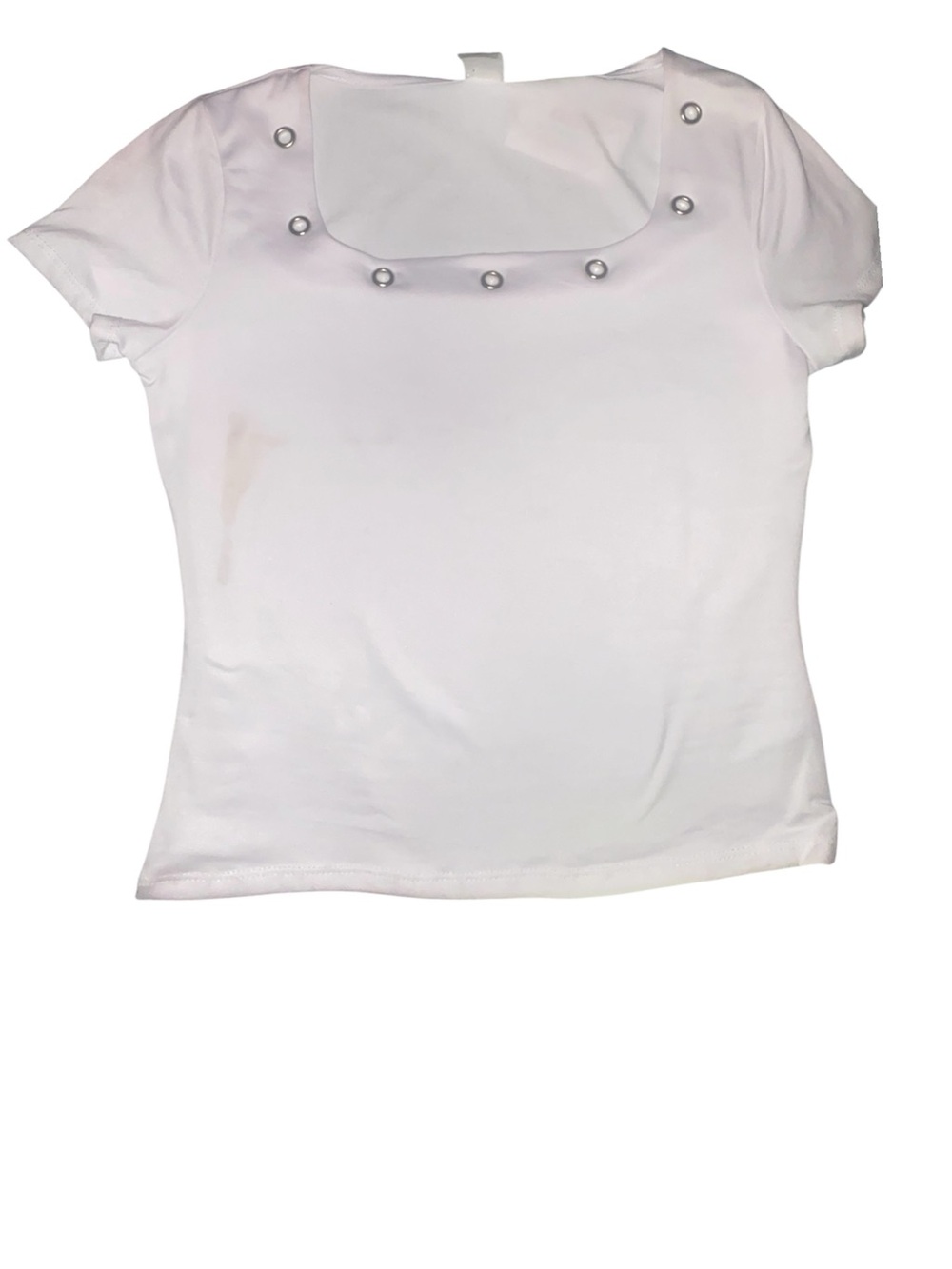 White Short-Sleeve Pearl Accent Square Neck Top